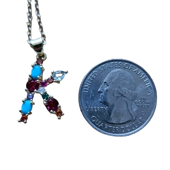 Initial Pendant Necklace Multi-color Rhinestones Gold Tone Chain - Picture 9 of 15